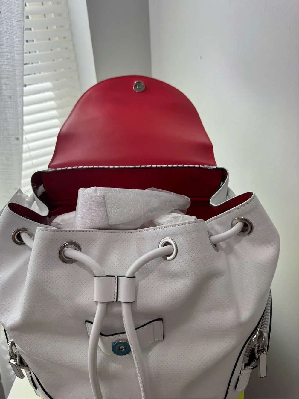 Christian Louboutin White and Neon Yellow Drawstring Backpack